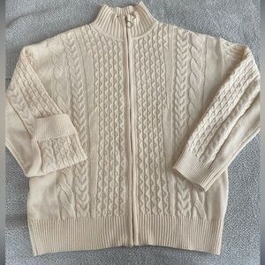 Cream colored zip up cable sweater size lg